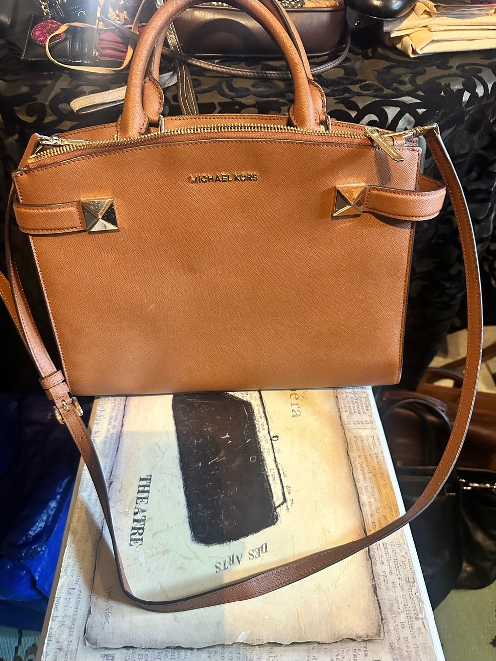 Michael Kors Cognac Leather Satchel with Gold Accents